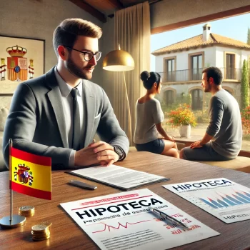 Een buitenlandse koper bespreekt hypotheekopties met een Spaanse bankmedewerker, met documenten en een zonnige villa op de achtergrond. Hypotheekmogelijkheden voor buitenlanders in Spanje