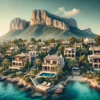 Panoramisch uitzicht op de Montgó-berg in Spanje met exclusieve villa's en groene omgeving. Huis kopen Montgó