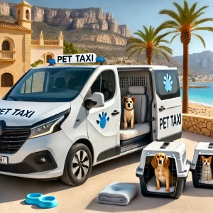 Een comfortabele dierentaxi in Spanje, speciaal ontworpen voor het vervoeren van honden en katten, geparkeerd bij een zonnige Spaanse kust met huisdieren in en rond het voertuig. dierentaxi spanje