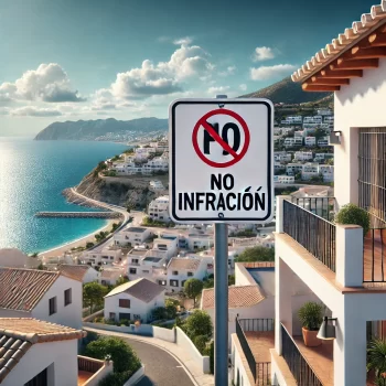 Een villa aan de Spaanse kust met uitzicht op de Middellandse Zee, inclusief een bord dat het No Infracción-certificaat benadrukt.