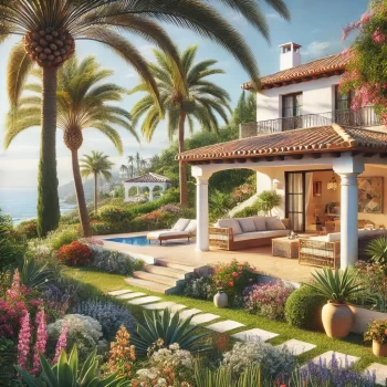 Mediterrane villa met een groene tuin, omgeven door palmbomen, met uitzicht op de zee onder een heldere blauwe lucht. huis kopen in spanje met een tuin