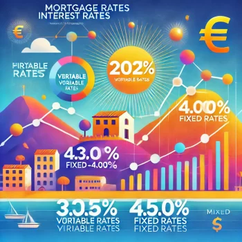 hypotheekrentes in Spanje in 2025, met kleurrijke visuals en een achtergrond van een Spaanse kustlijn.