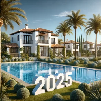 Afbeelding van een moderne Spaanse villa met witte muren, terracotta dakpannen, een tuin met palmbomen en een zwembad. Het jaartal '2025' is artistiek weergegeven bij het zwembad. Huis in Spanje