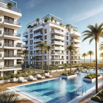 Een modern nieuwbouwappartementencomplex in Torrevieja met zwembad en palmboom, perfect voor expats en vakantiegangers(Nieuwbouw appartementen in Torrevieja).