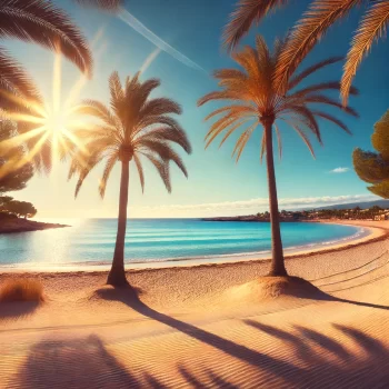 Een serene strandlocatie in Spanje met gouden zand, een rustige blauwe zee en een heldere zonnige lucht. appartement in piles