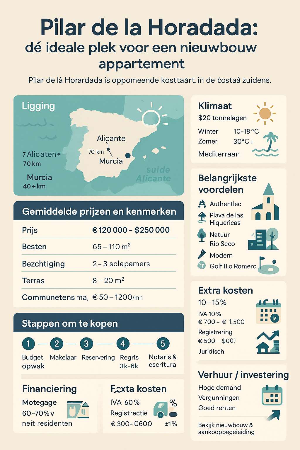 Infographic met overzicht van Pilar de la Horadada als ideale plek om een nieuwbouw appartement te kopen in Spanje, inclusief klimaat, ligging, prijzen en voordelen.