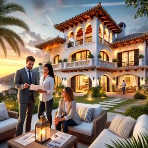 Een professionele makelaar helpt een stel bij de aankoop van een woning op het terras van een prachtige mediterrane villa in Spanje. De zee en zonsondergang zorgen voor een warme, uitnodigende sfeer. woning kopen in spanje hulp