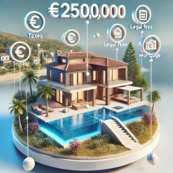 Illustratie van een luxe mediterrane villa in Spanje met een prijsindicatie (€250.000 - €1.000.000) en iconen voor bijkomende kosten zoals belastingen, juridische kosten en hypotheekuitgaven. hoeveel geld heb je nodig om een huis te kopen in spanje