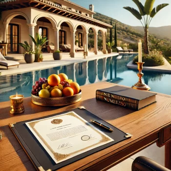 NIE nummer aanvragen 2025. Een elegant buitenbureau bij een infinity pool in Spanje, met een fruitschaal en een formulier met de tekst "NIE Número 2025". De setting straalt luxe en ontspanning uit.