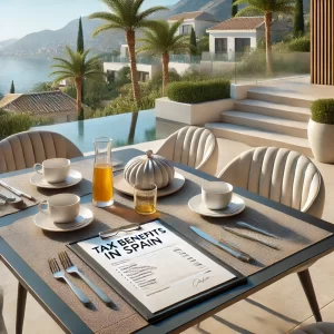 belastingvoordelen in Spanje.Een luxe tafel op een terras met uitzicht op zee, waarop een document over belastingvoordelen in Spanje ligt, samen met een laptop, een pen en een kop koffie.