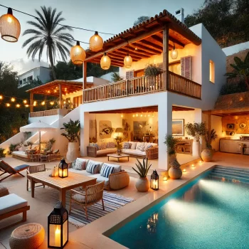 Een luxe Ibiza-stijl huurvilla in Spanje met een groot zwembad, een gezellige barbecueplek en sfeervolle slingerlampjes bij zonsondergang. Huis verhuren in Spanje.