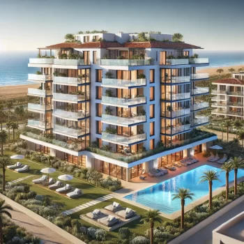 Modern luxe appartementencomplex aan de Spaanse kust met witte gevels, glazen balkons, infinity pool en uitzicht op zee. goedkope nieuwbouw in spanje