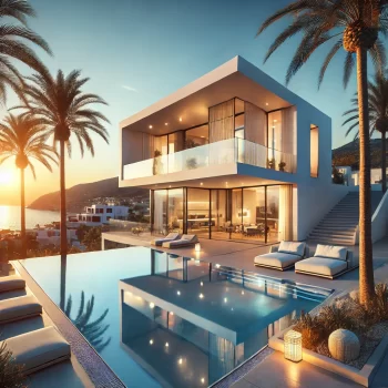Moderne nieuwbouw in Spanje met infinity pool, palmbomen en uitzicht op de Middellandse Zee tijdens zonsondergang.