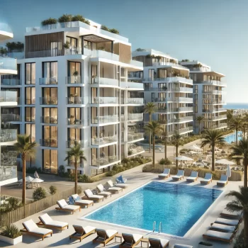 Modern nieuwbouw appartementencomplex in Pilar de la Horadada, Spanje, met witte gevels, glazen balkons, palmbomen en een gemeenschappelijk zwembad.