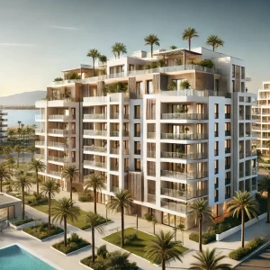 Moderne appartementen in San Pedro del Pinatar, Spanje, met mediterrane architectuur, ruime balkons, palmbomen en een zwembad, met de Mar Menor op de achtergrond.