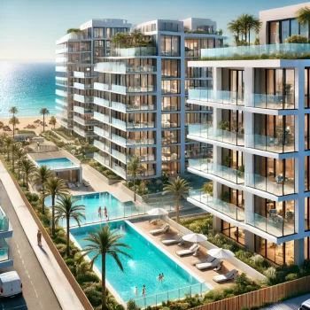 Modern nieuwbouwcomplex in Campoamor, Spanje, met luxe appartementen, een infinity pool en uitzicht op de Middellandse Zee.