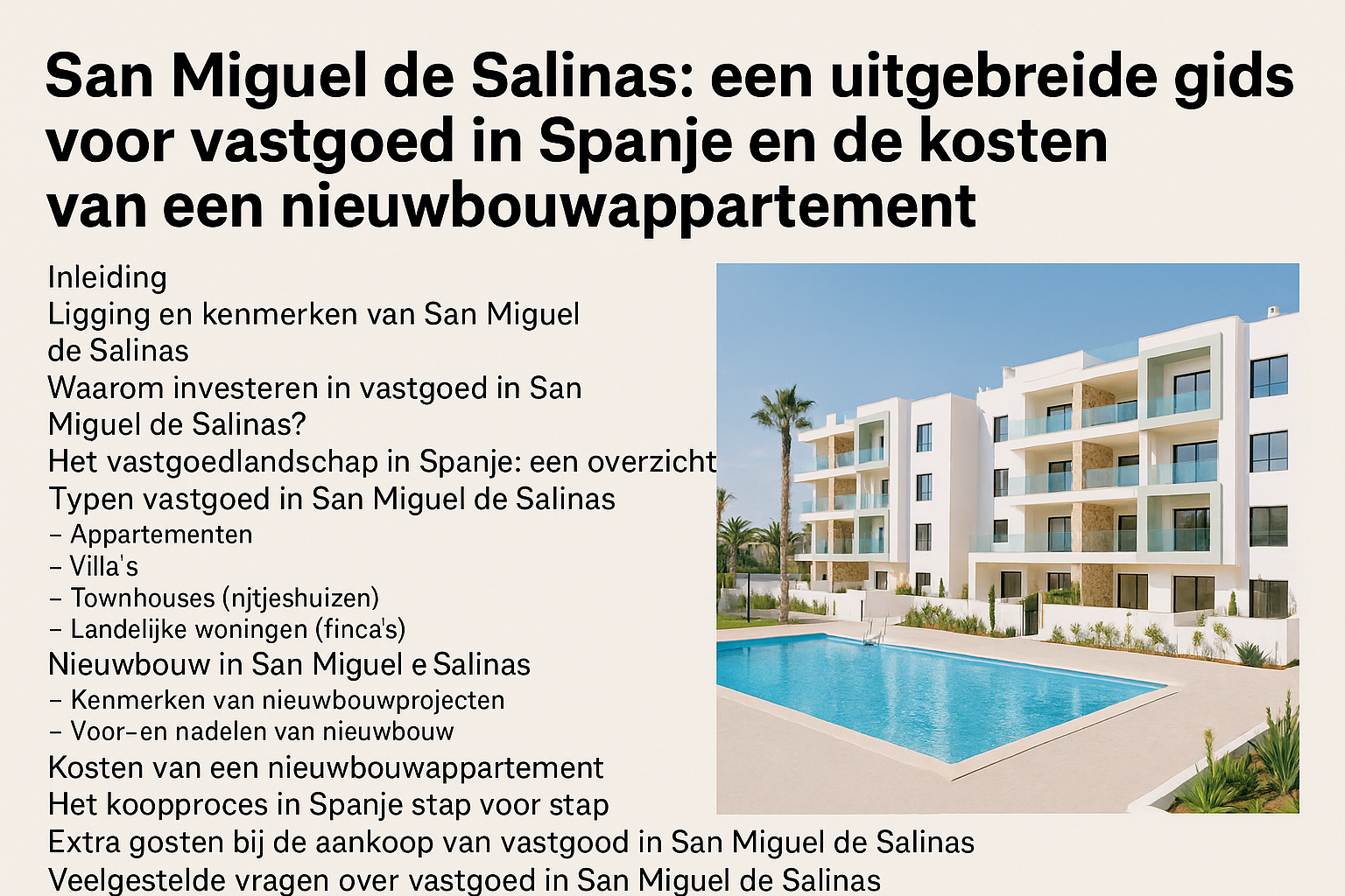 Informatieve infographic over vastgoed en nieuwbouwappartementen in San Miguel de Salinas, Spanje, inclusief kosten en tips.