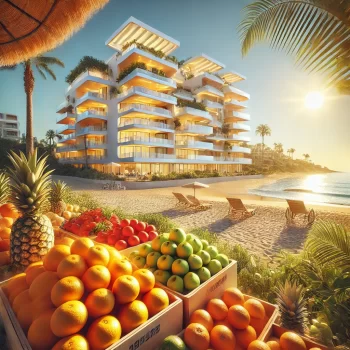 Modern wooncomplex in Villamartin, Spanje, met ruime balkons, een fruitkraam op de voorgrond en het strand op de achtergrond.