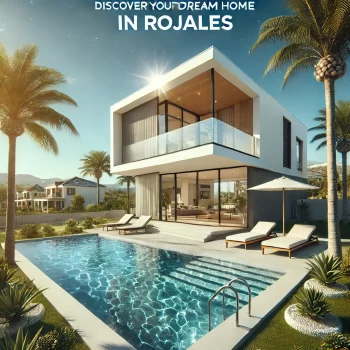 Moderne nieuwbouw in Rojales met een privézwembad, palmboomtuin en een strak witte gevel onder een stralend blauwe hemel.