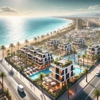 Panoramisch uitzicht op Orihuela Costa in Spanje met moderne nieuwbouwvilla’s, appartementen en de Middellandse Zee op de achtergrond.