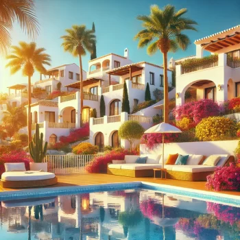 Prachtige witte Ibiza-stijl villa's in Murcia met een zonnige blauwe lucht, palmbomen en een infinity pool. Vastgoed kopen in Murcia