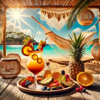 Tropische Ibiza-stijl strandsetting met een kleurrijke cocktail en vers fruit op een houten tafel. nieuwbouw in torrevieja