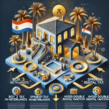 Infographic over het verhuren van een woning in Spanje als Nederlandse belastingplichtige, met visuele elementen zoals een luxe Spaanse villa, een Nederlandse vlag, belastingiconen en een call-to-action. Verhuur in Spanje en box 3