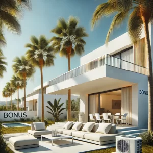 Moderne villa in Spanje met bonuspakket palmboom en terrasmeubilair, met het woord BONUS in beeld