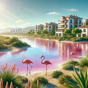 Aanzicht van Laguna Rosa in Torrevieja, Spanje, met roze zoutmeer, flamingo’s en moderne nieuwbouwwoningen op de achtergrond.