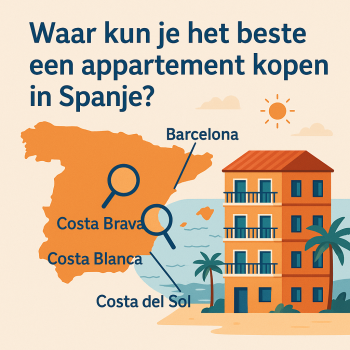 Infografische afbeelding met kaart van Spanje en aanduidingen van populaire regio’s om een appartement te kopen, zoals Costa Blanca, Costa Brava, Costa del Sol en Barcelona.