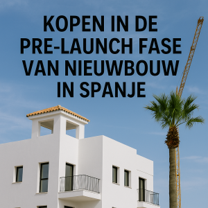 Moderne nieuwbouwwoning in Spanje met bouwkraan en palmboom, met tekst Kopen in de pre launch fase van nieuwbouw in Spanje. Kopen in de Pre-launch Fase in Spanje