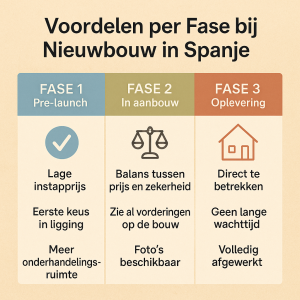 Infographic met de voordelen van Fase 1, 2 en 3 bij het kopen van nieuwbouw in Spanje