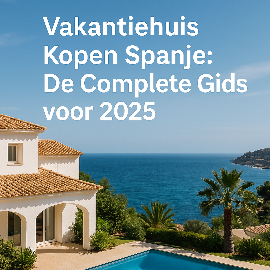 Liggende headerafbeelding met de tekst “Vakantiehuis kopen in Spanje: De complete gids 2025”, ideaal als professionele inleiding voor een blogartikel.