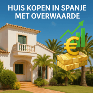 Afbeelding van een Spaans huis met palmbomen en financiële groei symbolen, voor een artikel over huis kopen in Spanje met overwaarde.