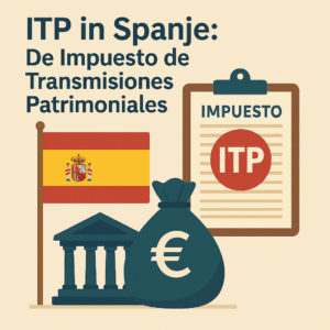 Illustratie van ITP belasting in Spanje met Spaanse vlag, belastingdocument en euro geldzak
