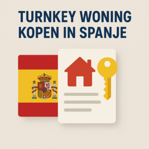 Afbeelding van een turnkey woning kopen in Spanje met Spaanse vlag, sleutel en huisicoon