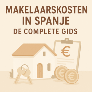 Vierkante, beige headerafbeelding met duidelijk contrasterende bruine titel “Makelaarskosten in Spanje – De Complete Gids”; toont wit mediterraan huis, clipboard met euroteken, munten en sleutels in zachte Ibiza-tinten.