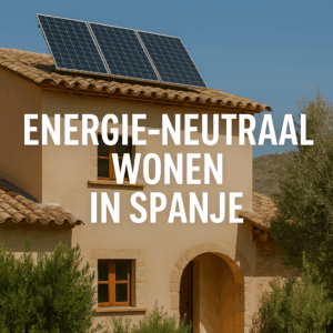 Spaanse woning met zonnepanelen en tekst: Energie-neutraal wonen in Spanje