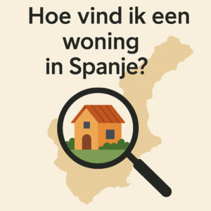 Illustratie van de Costa Blanca met een loep die een woning aanwijst en de tekst “Hoe vind ik een woning in Spanje?” in het midden
