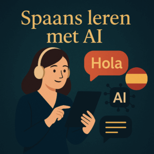 Luxe vierkante thumbnail van een vrouw met tablet en headset die Spaans leert met AI, met Spaanse vlag en ‘Hola’-tekstballon.