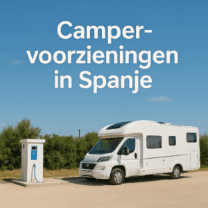 Realistische foto van een camper bij een servicestation in Spanje, met de tekst "Campervoorzieningen in Spanje" op een blauwe hemelachtergrond.