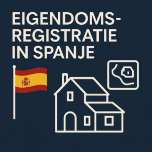 Professionele vierkante thumbnail met een minimalistische lijntekening van een huis, Spaanse vlag en kadastrale kaart op een donkerblauwe achtergrond, voor artikel over eigendomsregistratie in Spanje.