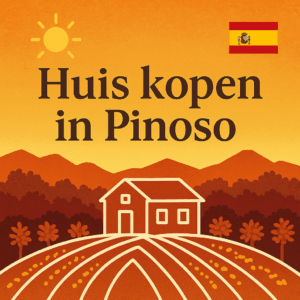 Vierkante thumbnail met warme zonsondergangkleuren, Spaanse vlag, witte lijntekening van een huis met wijngaarden en bergen, en de tekst “Huis kopen in Pinoso”.