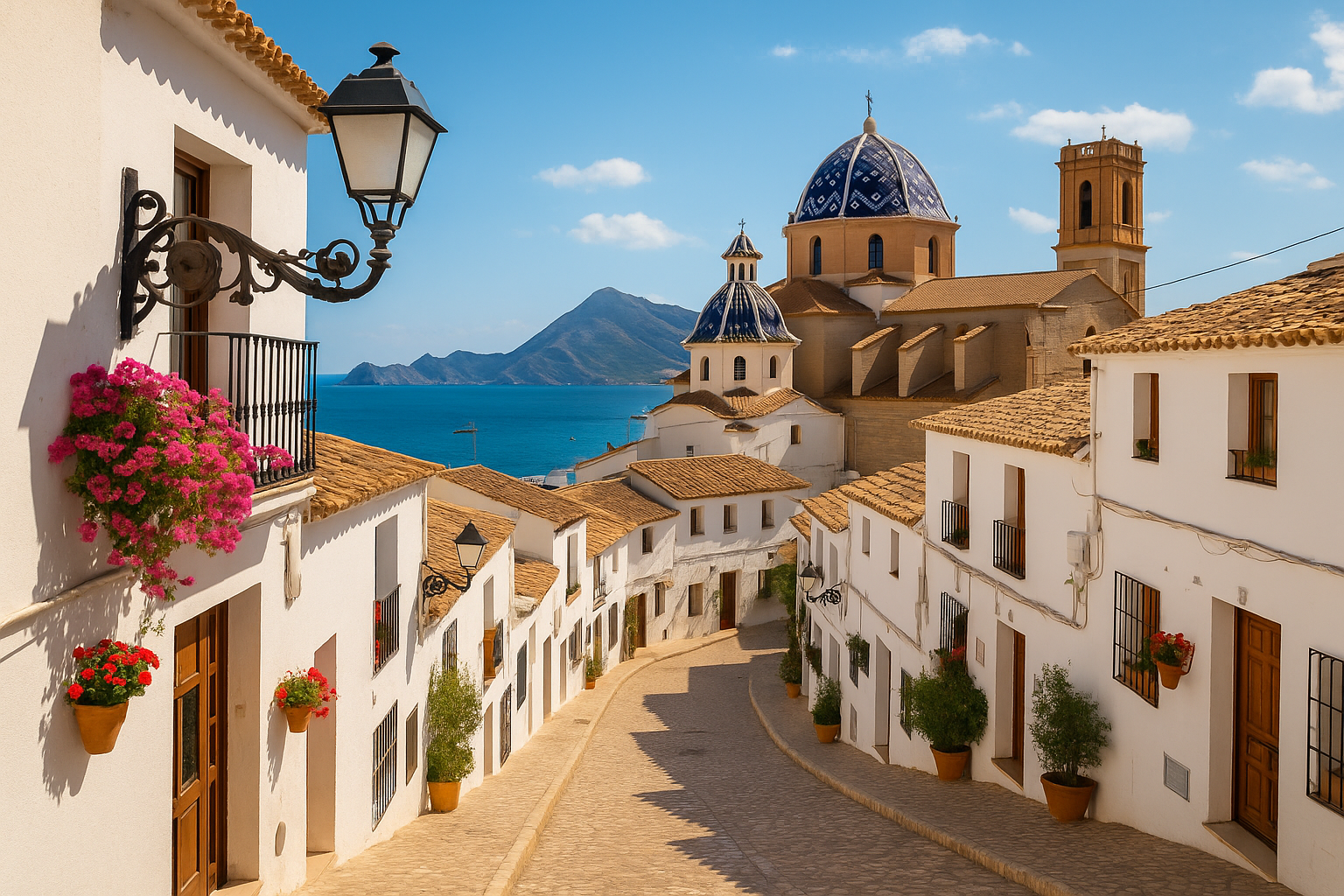 Straat in het historische centrum van Altea met witte huisjes, kleurrijke bloemen en de iconische kerk met blauwe koepel aan de Costa Blanca