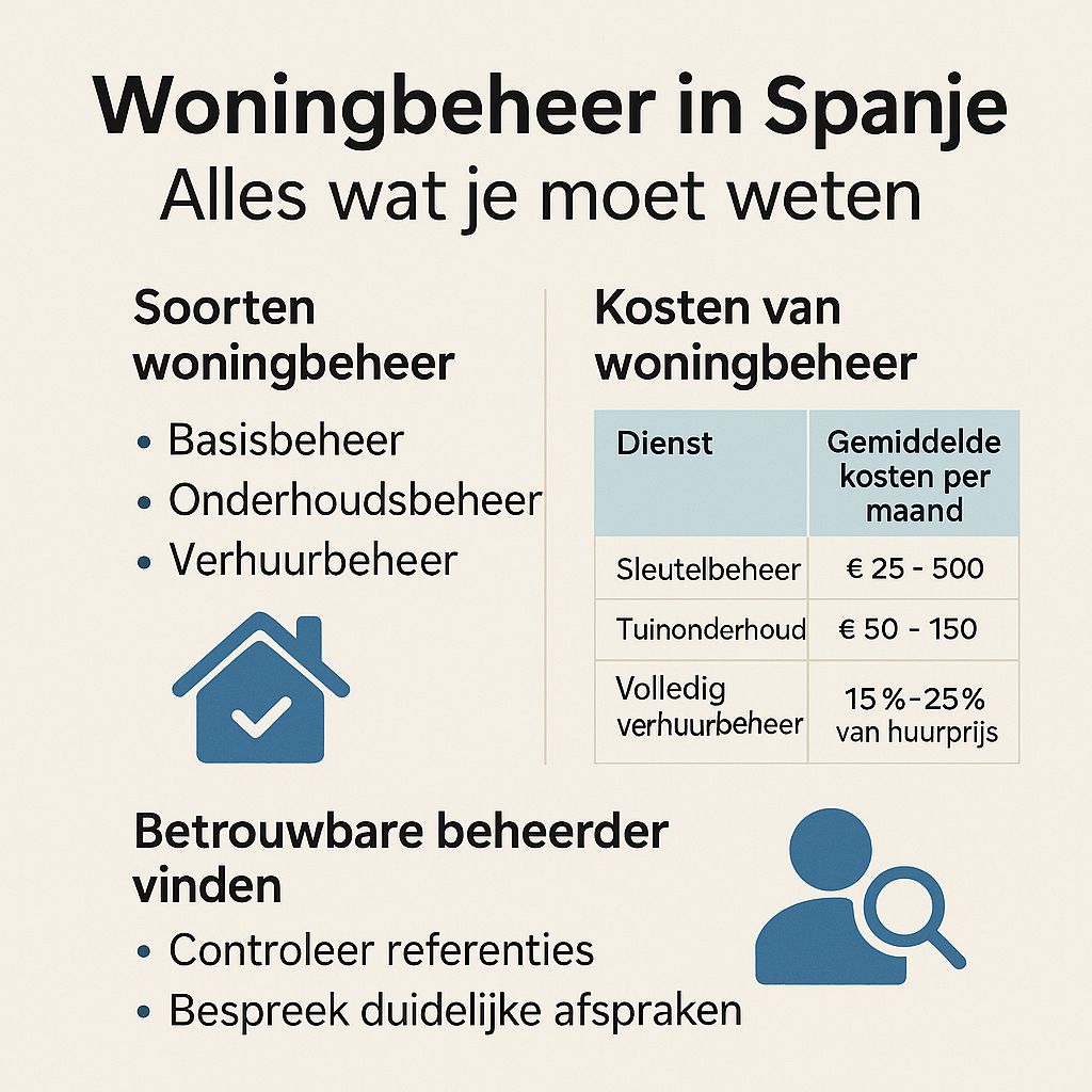 Vierkante infographic over woningbeheer in Spanje met uitleg over soorten beheer, gemiddelde kosten en tips voor het vinden van een betrouwbare beheerder