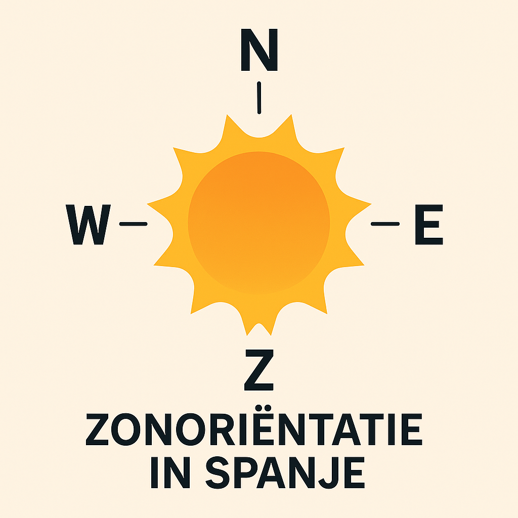 Vierkante thumbnail met zon en windrichtingen (N, O, Z, W) als symbool voor zonoriëntatie in Spanje