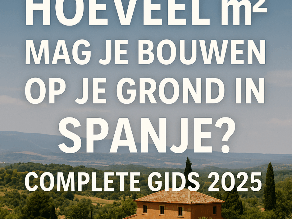 Thumbnail met Spaanse woning en tekst: Hoeveel m² mag je bouwen op je grond in Spanje? Complete gids 2025