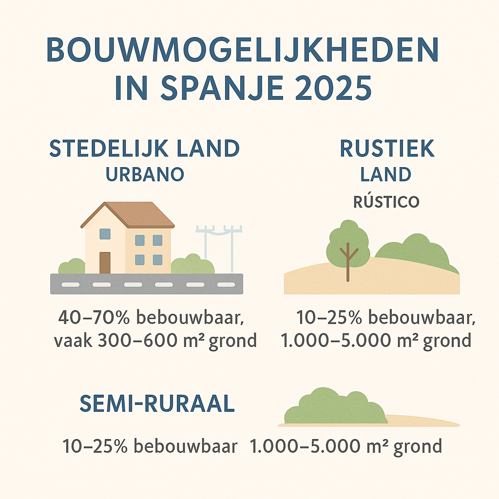 Infographic met bouwmogelijkheden in Spanje 2025: stedelijk land (40–70% bebouwbaar, 300–600 m²), semi-ruraal (10–25% bebouwbaar, 1.000–5.000 m²), rustiek land (1–5% bebouwbaar, 5.000–20.000 m²).