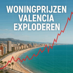Grafiek met stijgende woningprijzen aan de kust van Valencia met skyline en zee op de achtergrond