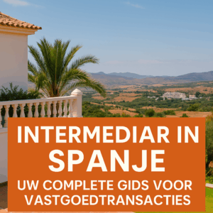 Thumbnail van een Spaanse villa met uitzicht op de bergen, met de tekst: Intermediar in Spanje – Uw complete gids voor vastgoedtransacties.